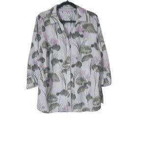 Foxcroft Leaf and Floral 3/4 Sleeve Button Down V-Neck 100% Cotton Shirt 20W